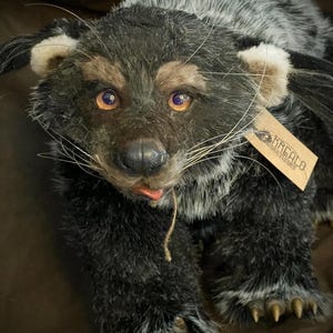May include: A handmade plush animal with a black and gray fur coat, amber eyes, and a small pink tongue. The plush has a tag attached with the name "KREALA". The animal's paws have yellow claws.