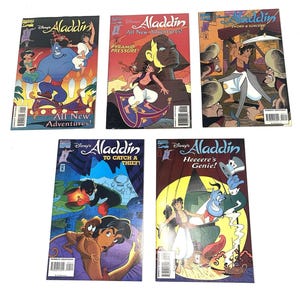 May include: A collection of five Disney's Aladdin comic books. The covers feature colorful illustrations of Aladdin, Jasmine, the Genie, and other characters from the animated film. Titles include "All New Adventures!", "Pyramid Pressure!", "Sword & Sorcery", "To Catch a Thief!", and "Heeeere's Genie!"