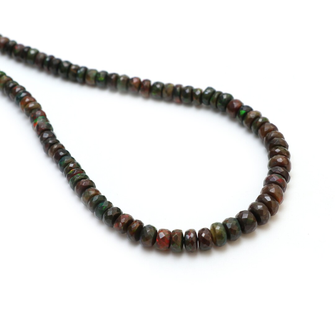 Natural Black Ethiopian Fire Opal Beads – Oval Faceted 8-6mm – 4 Inch Strand – Handmade