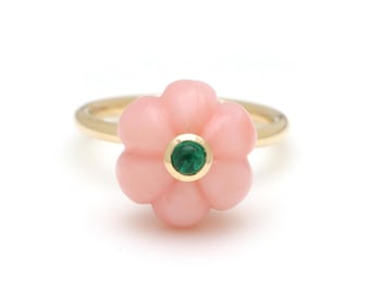 Natürliche Rosa Opal Craving Goldringe, Verlobungsring, Rosa Opal Edelstein Ring, 585er Gelbgoldring, Rosa Opal und Smaragd Ring
