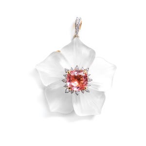 Crystal Carving Tourmaline Pendant, 18K Tourmaline Pendant, Tourmaline Necklace For Her, Crystal Carving Tourmaline Flower Pendant Jewelry