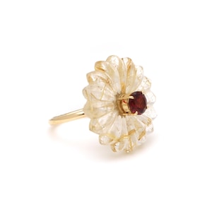 Rutile Quartz Carvings Flower Ring, 14kt Rutile Quartz Carvings Jewelry, Gold Rutilated Flower Quartz Ring For Her, Christmas gift