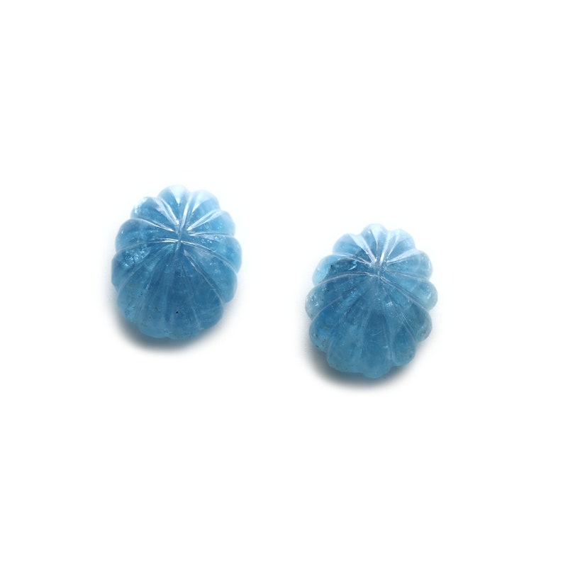 20x15 mm Pair 2 Pieces Natural Aquamarine Oval Carving Loose Gemstone Aquamarine Cabochons