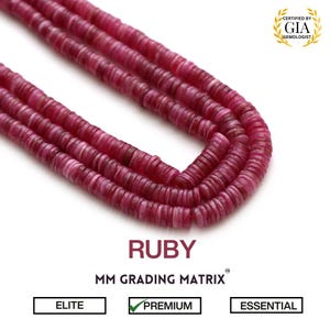 May include: A strand of ruby beads, each bead is a flat, round disc. The beads are a deep red color and are arranged in a loose, flowing pattern. The image includes the text "RUBY" and "MM GRADING MATRIX".