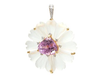 Kunzite Pendant, Kunzite Crystal Carving Gold Diamond Pendant, Diamond Jewelry For Her,  18k Solid Gold Diamond Jewelry, Women Jewelry