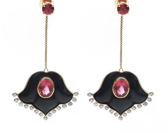 Boucles d'oreilles en onyx doré, boucles d'oreilles en onyx noir et tourmaline, boucles d'oreilles pendantes et pendantes, boucles d'oreilles en or onyx noir et diamants