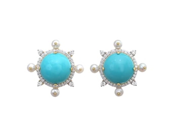 Turquoise And Pearl 18K Yellow Gold Earrings, Women Jewlery, Christmas Gift, Dimaond Earring For Her