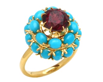 Turquoise And Tourmaline Ring, Turquoise Ring, 18kt Solid Yellow Gold Turquoise Jewelry, Statement Ring, Ring For Women, Colorful Jewelry