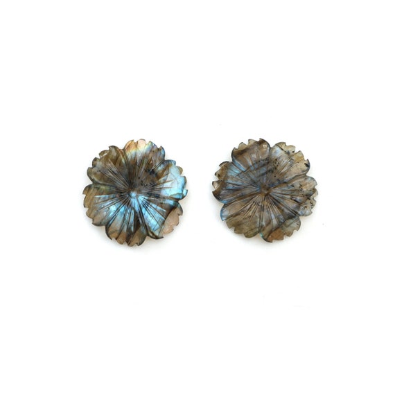 Labradorite Carving Flower Loose Gemstone, 35x36 mm, Labradorite Jewelry Making Gemstone, Pair ( 2 Pieces )