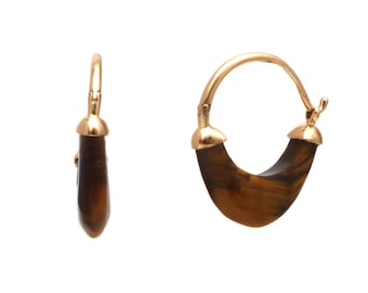 Orecchini in occhio di tigre, orecchini marroni da donna, orecchini marroni in oro 18 carati, orecchini a cerchio in oro con occhio di tigre, orecchini a cerchio pendenti minimalisti da donna