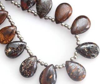 May include: A strand of brown and black teardrop-shaped gemstone beads with silver spacers. The beads are strung on a silver chain.