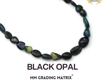 May include: A strand of black opal beads, each bead is a different shade of green and blue. The beads are strung on a clear thread and are arranged in a circle. The image includes the text "BLACK OPAL" and "MM GRADING MATRIX".