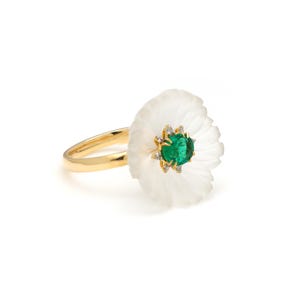 Crystal Carved Gemstone Flower Ring, Solid Gold Flower Ring, 18k Yellow Gold Flower Ring, Emerald And Diamond Ring,  Engagement Ring For Her