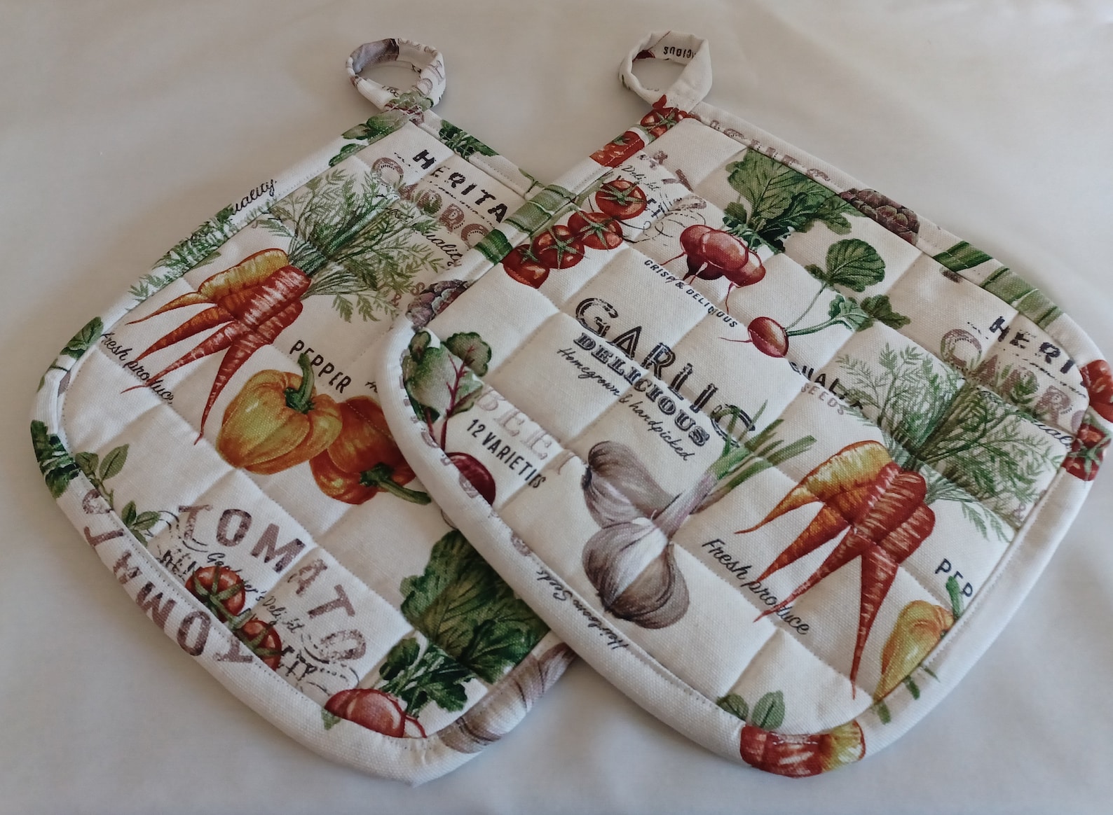 Handmade Quilted Veggie Potholders, Cotton Duck Cloth, Set of 2, approximately 9" X 9".