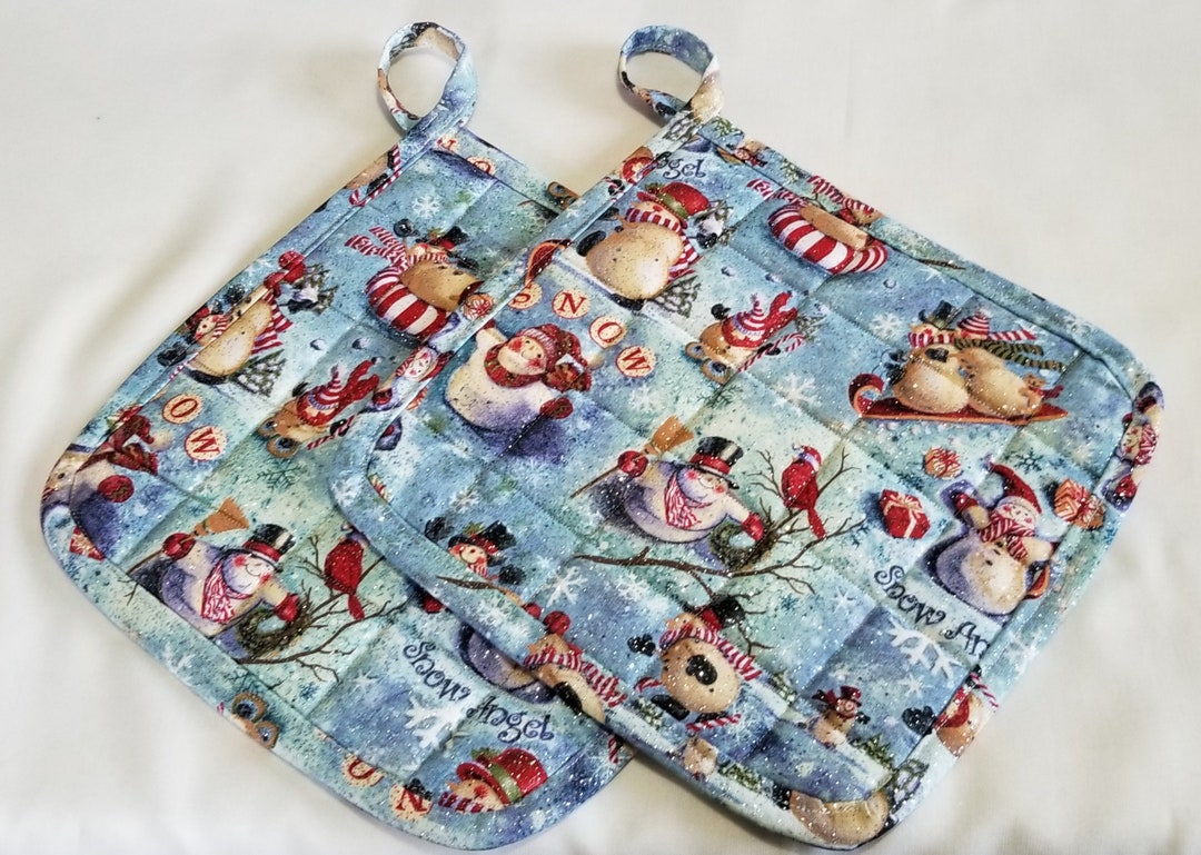 Set of 2 Large Glittery Holiday Snowman Potholders on a Pretty Blue