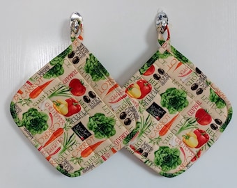 Choice of 2 large handmade potholders or 1 potholder and 1 oven mitt with various vegetables, chili peppers, bell peppers, lettuce and more.