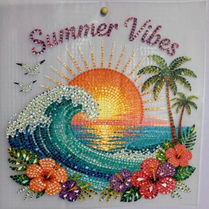 May include: A mosaic-style artwork with the words "Summer Vibes" in pink rhinestones. The image features a sunset, ocean waves, palm trees, and hibiscus flowers. Two seagulls are flying above the waves.