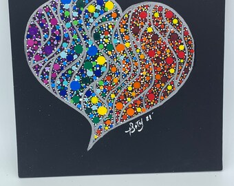 Dot Artwork, Rainbow Heart, Red, Yellow, Blue, Green, Orange, Purple, Dotilism, Canvas Art