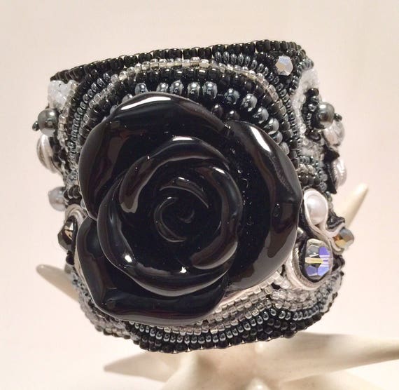 Black Rose Bead Embroidered Cuff Black & White Handmade Beaded | Etsy