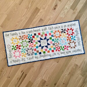 May include: A colourful patchwork quilt with a heart and the text "Our Family is like a patchwork quilt. Each piece is an original. Together with love to last throughout the years. Our Family is forever tightly stitched"
