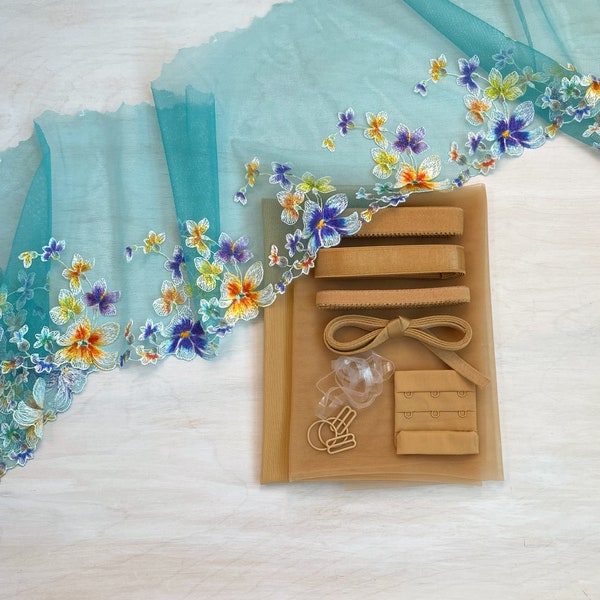 Blauwe veelkleurige bloemen geborduurde tule kanten bh | Black Beauty-beha