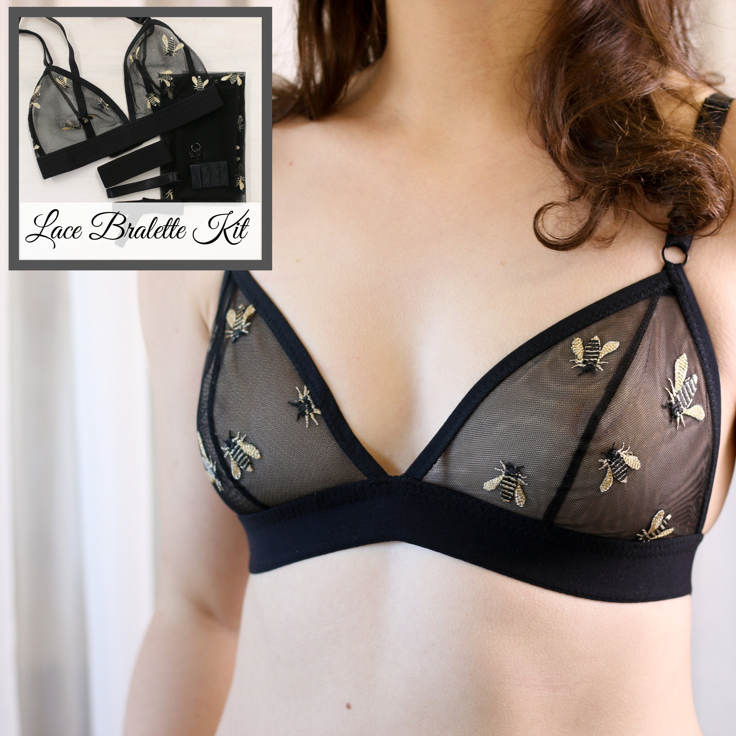 Women's Black Patterned Lace Bralette 