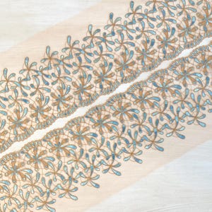 May include: Two strips of decorative lace featuring a floral design. The lace has a beige background with a pattern of blue and gold flowers. The lace is likely used for sewing or crafting projects.