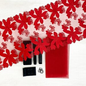 May include: Red floral lace trim, black bra straps, and red tulle fabric. This set includes all the materials needed to create a custom bra.