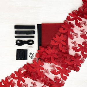May include: Red floral lace trim with black elastic bands, a red fabric square, and black bra straps and hooks.