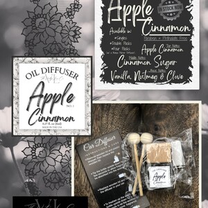May include: An assortment of car air fresheners and oil diffusers with an apple cinnamon scent. The image includes a sign with scent notes and product details, a small bottle, and a package with wooden sticks. The text reads "Apple Cinnamon" and "Made in the USA."