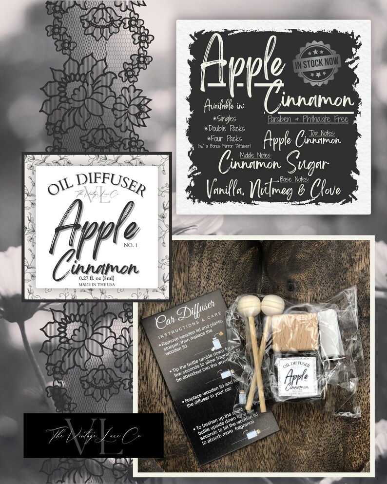 May include: An assortment of car air fresheners and oil diffusers with an apple cinnamon scent. The image includes a sign with scent notes and product details, a small bottle, and a package with wooden sticks. The text reads "Apple Cinnamon" and "Made in the USA."