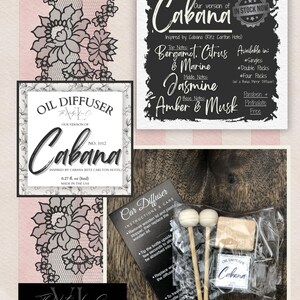 May include: An oil diffuser set with a Cabana scent, including a small bottle, wooden sticks, and instructions. The packaging features the scent's notes: bergamot, citrus, marine, jasmine, amber, and musk. The product is available in singles, double packs, and four packs.