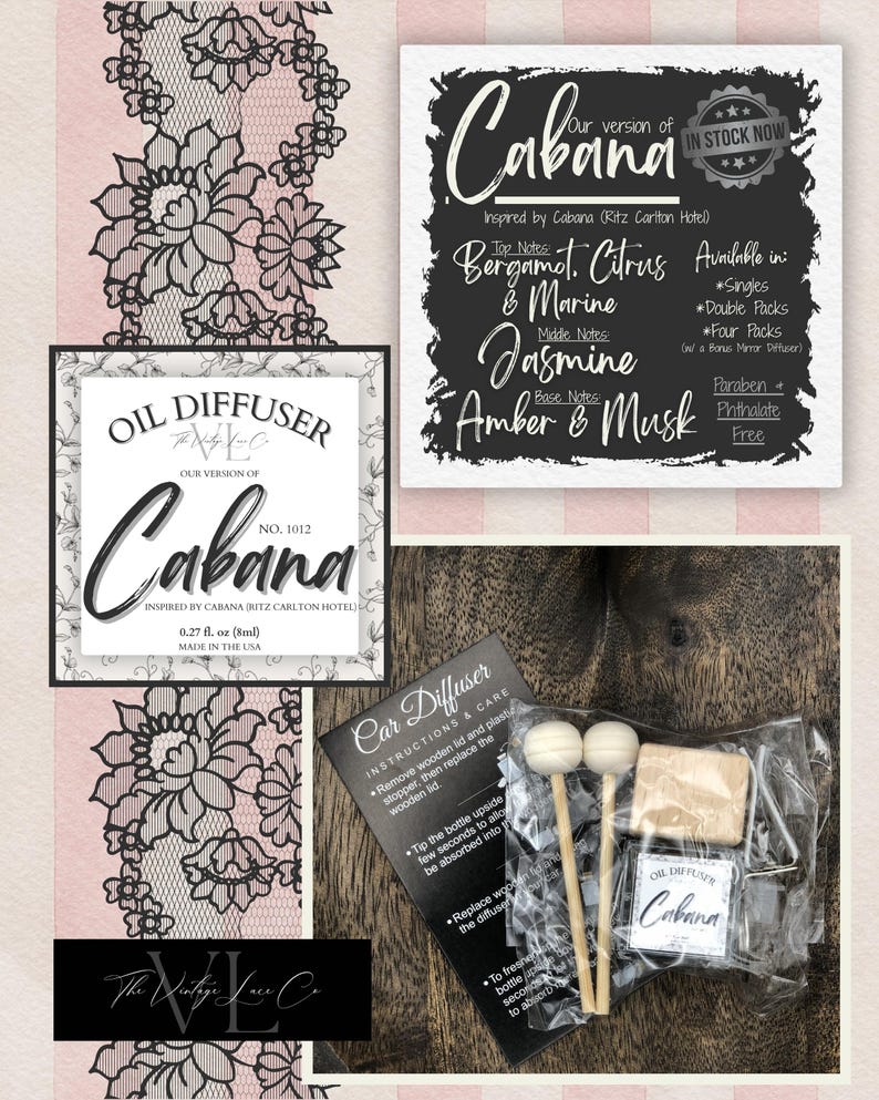 May include: An oil diffuser set with a Cabana scent, including a small bottle, wooden sticks, and instructions. The packaging features the scent's notes: bergamot, citrus, marine, jasmine, amber, and musk. The product is available in singles, double packs, and four packs.