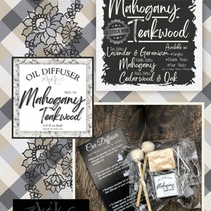 May include: An image featuring a car diffuser set with the scent Mahogany Teakwood. The set includes a small bottle, wooden sticks, and instructions. A sign displays the scent's notes: Lavender & Geranium, Mahogany, Cedarwood & Oak.