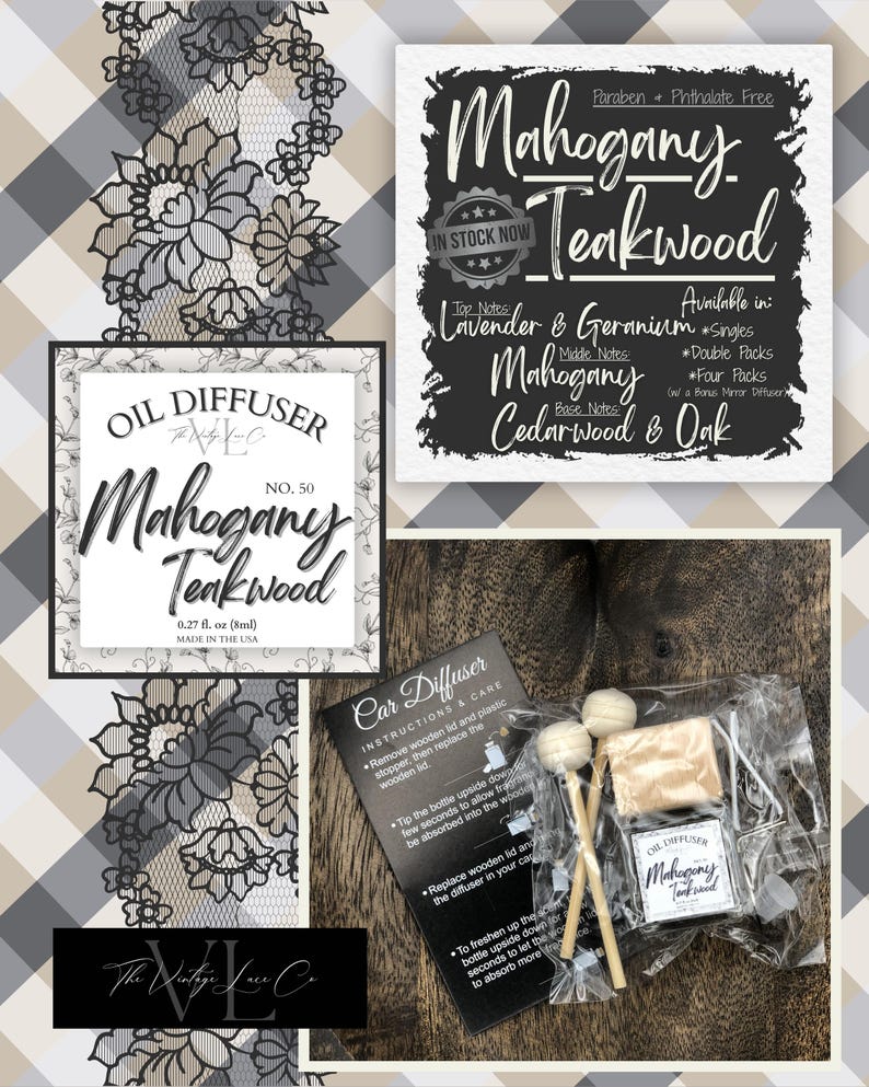 May include: An image featuring a car diffuser set with the scent Mahogany Teakwood. The set includes a small bottle, wooden sticks, and instructions. A sign displays the scent's notes: Lavender & Geranium, Mahogany, Cedarwood & Oak.