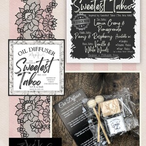 May include: An image showcasing an oil diffuser set with the text "Sweetest Taboo." The set includes a car diffuser, instructions, and wooden sticks. The packaging features a floral lace design and the text "Oil Diffuser."