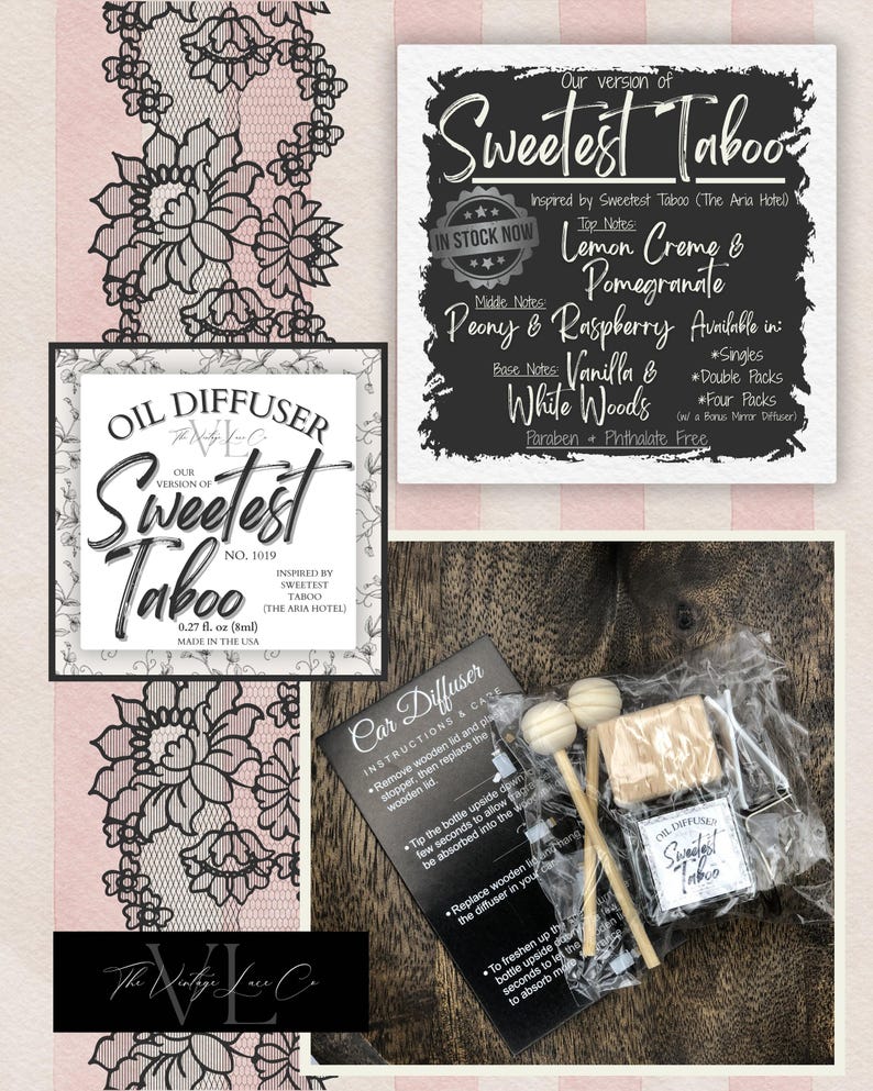 May include: An image showcasing an oil diffuser set with the text "Sweetest Taboo." The set includes a car diffuser, instructions, and wooden sticks. The packaging features a floral lace design and the text "Oil Diffuser."