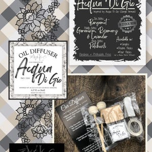 May include: An oil diffuser set with a car diffuser, wooden sticks, and a bottle labeled "Acqua Di Gio." The packaging includes instructions and a list of fragrance notes: bergamot, geranium, rosemary, lavender, and patchouli.