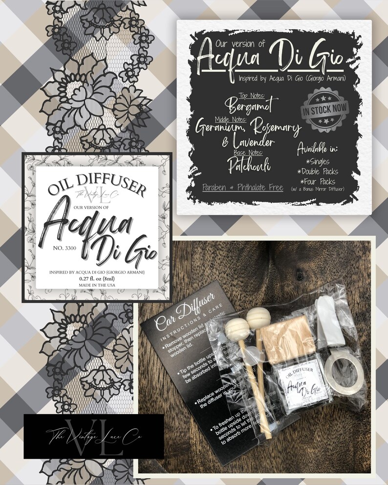 May include: An oil diffuser set with a car diffuser, wooden sticks, and a bottle labeled "Acqua Di Gio." The packaging includes instructions and a list of fragrance notes: bergamot, geranium, rosemary, lavender, and patchouli.
