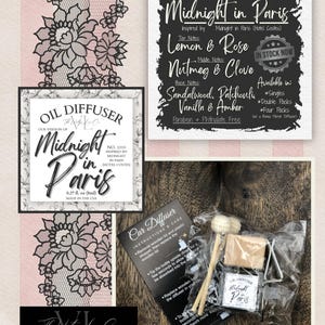 May include: An assortment of Midnight in Paris oil diffusers and car diffusers. The image includes product packaging, ingredient lists, and instructions. The products are inspired by Midnight in Paris (Hotel Costes) and feature scents like lemon, rose, nutmeg, and clove.