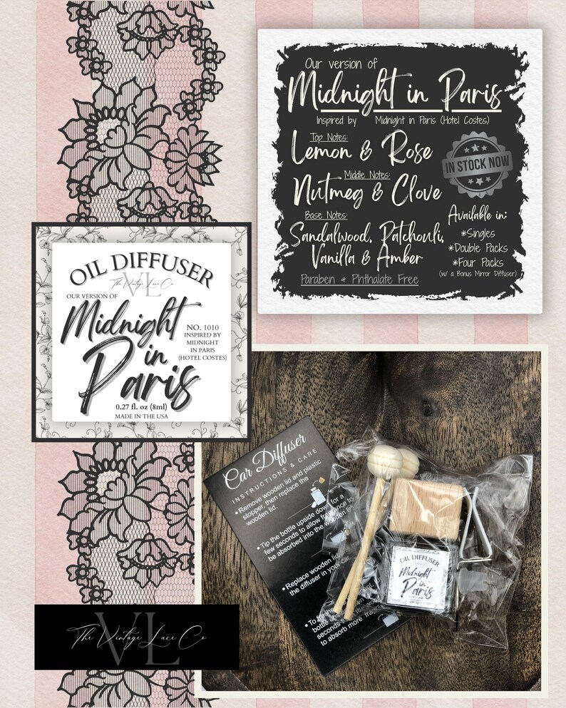 May include: An assortment of Midnight in Paris oil diffusers and car diffusers. The image includes product packaging, ingredient lists, and instructions. The products are inspired by Midnight in Paris (Hotel Costes) and feature scents like lemon, rose, nutmeg, and clove.
