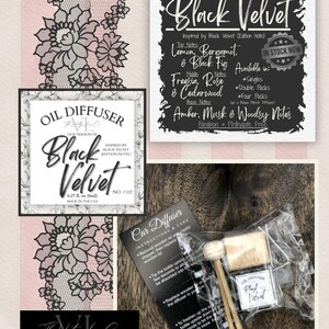 May include: An image featuring a car diffuser set with instructions, a small bottle, and wooden sticks. The packaging includes the text "Black Velvet" and "Oil Diffuser". The background has a floral lace design.