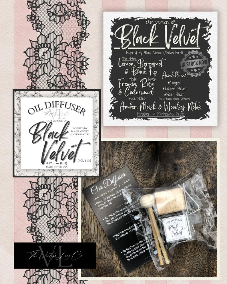 May include: An image featuring a car diffuser set with instructions, a small bottle, and wooden sticks. The packaging includes the text "Black Velvet" and "Oil Diffuser". The background has a floral lace design.