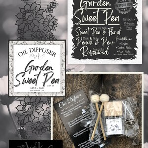 May include: An image featuring a car diffuser set with a Garden Sweet Pea scent. The set includes a small glass bottle, wooden sticks, and instructions. The packaging also includes a sign with the scent's notes and a label that says "In Stock Now".