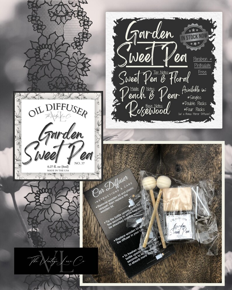 May include: An image featuring a car diffuser set with a Garden Sweet Pea scent. The set includes a small glass bottle, wooden sticks, and instructions. The packaging also includes a sign with the scent's notes and a label that says "In Stock Now".