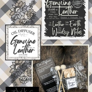 May include: An image showcasing a car air freshener kit with a "Genuine Leather" scent. The kit includes a small bottle, wooden sticks, and instructions. The packaging features the text "Genuine Leather" and "Oil Diffuser".