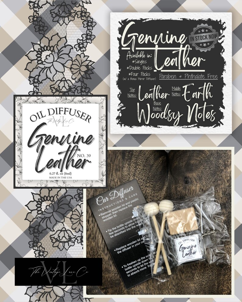May include: An image showcasing a car air freshener kit with a "Genuine Leather" scent. The kit includes a small bottle, wooden sticks, and instructions. The packaging features the text "Genuine Leather" and "Oil Diffuser".