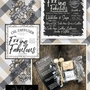 May include: An image featuring car diffusers and oil diffusers with the text "Fxxing Fabulous". The image includes a sign with scent notes like Lavender & Sage, and a lace pattern. The car diffuser includes wooden sticks and a small bottle.