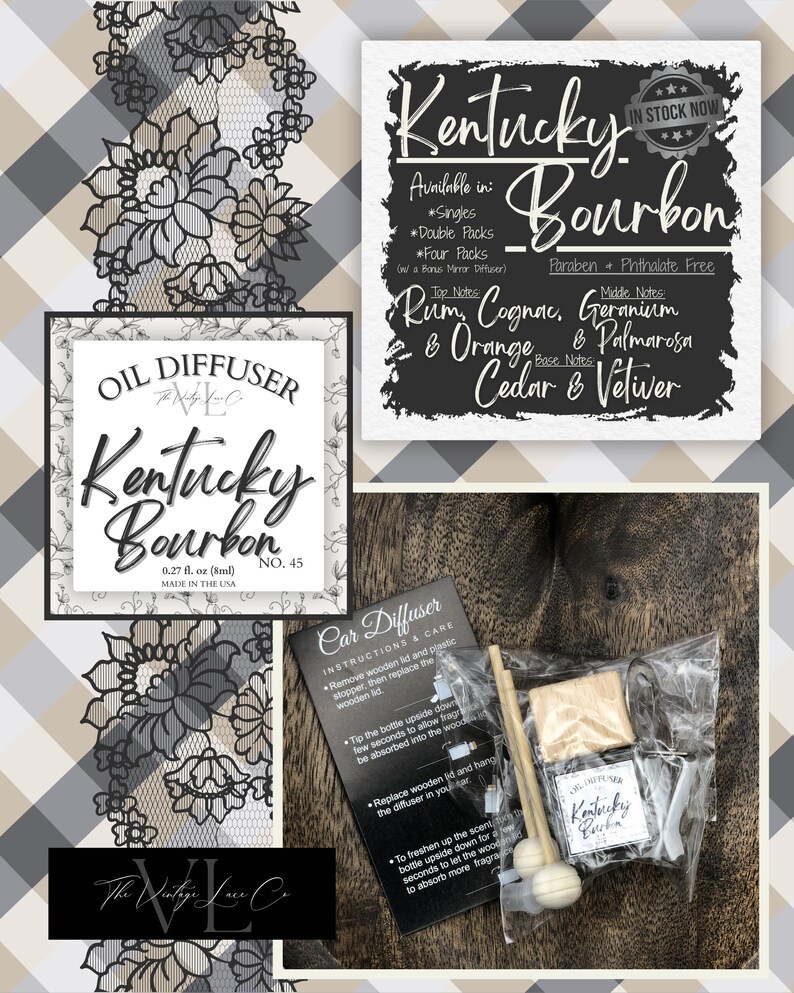 May include: An image showcasing a Kentucky Bourbon oil diffuser set. The set includes a car diffuser with instructions, a small bottle, and wooden sticks. The packaging features the text "Kentucky Bourbon" and scent notes. The background has a plaid pattern.