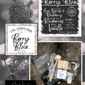 May include: An assortment of car diffuser products with the scent "Berry Blue." The image includes a sign with scent notes, a bottle, and a kit with instructions. The sign lists Goji Berries & Blackberry, Blueberries, and Vanilla.